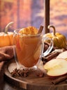 Cup of apple cider with autumn background Royalty Free Stock Photo