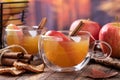 Cup of apple cider with apple slice and cinnamon stick Royalty Free Stock Photo