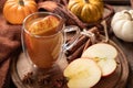 Cup of apple cider with sliced apples and cinnamon Royalty Free Stock Photo