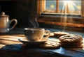 Cup of aroma hot coffee and cookies on a wooden table Royalty Free Stock Photo