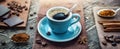 A cup of aromatic black coffee, a coffee maker, coffee beans of different varieties on the table. Morning espresso or Americano