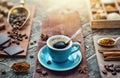 A cup of aromatic black coffee, a coffee maker, coffee beans of different varieties on the table. Morning espresso or Americano