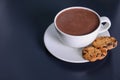 Cup of aromatic cacao with cookies on dark table.