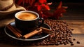 A cup of aromatic coffee with cinnamon sticks and coffee beans on a wooden background of red flowers Royalty Free Stock Photo