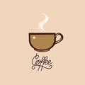 A cup of aromatic coffee. Coffee lettering. Emblem. Logo.