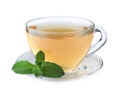 Cup of aromatic green tea with fresh mint on white background Royalty Free Stock Photo