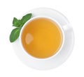 Cup of aromatic green tea with fresh mint on white background, top view Royalty Free Stock Photo