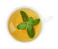Cup of aromatic green tea with fresh mint on white background, top view Royalty Free Stock Photo