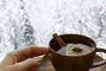 Cup of aromatic tea on windowsill. View of snowy forest from win Royalty Free Stock Photo