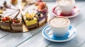 A cup of art coffee cappiciino and mini raw cakes Royalty Free Stock Photo