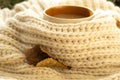 Cup of autumn coffee, tea or hot chocolate, fall leaf on a warm scarf. Drink for autumn cold rainy days. Seasonal