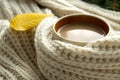 Cup of autumn coffee, tea or hot chocolate, yellow fall leave on a warm scarf. Drink for autumn cold rainy days Royalty Free Stock Photo