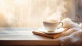 Cup of Autumn Steaming Coffee with Book on Blurred Background