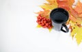 Cup of autumn tea coffee, chocolate and yellow dry leaves near a window, copy space. Hot drink for autumn cold rainy days. Hygge Royalty Free Stock Photo