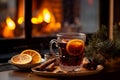 Cup of autumn or winter mulled wine or gluhwein with spices and orange slices