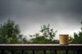 cup on a balcony railing with a gray, rainfilled sky overhead Royalty Free Stock Photo