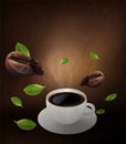 Cup of black coffee and coffee bean on brown background, flowing coffee brochure and copy space for text. vector and illustration.