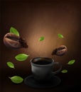 Cup of black coffee and coffee bean on brown background, flowing coffee brochure and copy space for text, vector illustration.