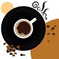 Cup of black coffee, beans and vinyl record. Top view. Abstract illustration