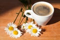 A cup of black coffee branch of white daisy flowers on wooden background in morning bright sunligh with shadow