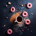 a cup of black coffee in the center of a dark blue background with donuts with pink caramel glaze. view from above Royalty Free Stock Photo