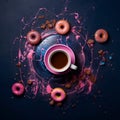 a cup of black coffee in the center of a dark blue background with donuts with pink caramel glaze. view from above Royalty Free Stock Photo