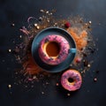 a cup of black coffee in the center with a donut in pink caramel glaze . view from above Royalty Free Stock Photo