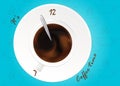 A cup of black coffee or chocolate.Realistic vector on pattern. Concept. Coffee time, watches.