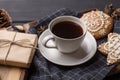 Cup of black coffee with Christmas gingerbread cookies Royalty Free Stock Photo