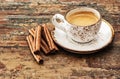 Cup of black coffee with cinnamon spices. Retro style toned pict Royalty Free Stock Photo