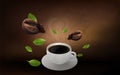 Cup of black coffee and coffee bean on brown background, flowing coffee brochure and copy space for text. vector and illustration.