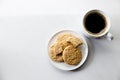 Cup of black coffee, Cookies on white marble background. Copy space. Flat lay. Top view Royalty Free Stock Photo