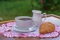 A cup of black coffee,croissant and milk on a table on natural background in garden Royalty Free Stock Photo