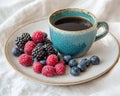 A cup of black coffee with fresh mixed berries on a ceramic plate Royalty Free Stock Photo