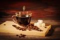 A cup of black coffee with lumps of sugar and coffee beans