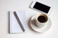 cup of black coffee, note book, silver pen and white smartphone on white background Royalty Free Stock Photo