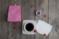 Cup of black coffee, pink paper bag, alarm and love Valentine`s day message with red heart shape Royalty Free Stock Photo