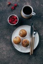 Cup of black coffee, raspberry muffins on concrete table. Top view, flat lay, Breakfast concept Royalty Free Stock Photo