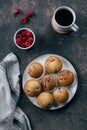 Cup of black coffee, raspberry muffins on concrete table. Top view, flat lay, Breakfast concept Royalty Free Stock Photo