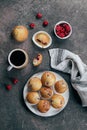 Cup of black coffee, raspberry muffins on concrete table. Top view, flat lay, Breakfast concept Royalty Free Stock Photo