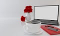 Cup of black coffee  , Red book and smartphone on white background and wallpaper.  Blur  Black laptop computer and red roses in Royalty Free Stock Photo