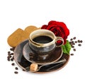 Cup of black coffee and red rose flower and cake on white Royalty Free Stock Photo