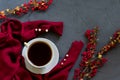 Cup with black coffee with red sweater holding it as hug. Barberry twigs on grey stone textured background. View from above. Conce