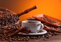 Cup of black coffee, roasted beans and spices Royalty Free Stock Photo