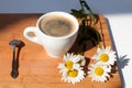 A cup of black coffee, silver spoon, branch of white daisy flowers on wooden background top view Royalty Free Stock Photo