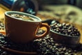 Cup of black coffee and spilled coffee beans. Royalty Free Stock Photo