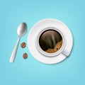 A cup of black coffee with spoon and saucer and coffee beans top view isolated on white background. Vector illustration Royalty Free Stock Photo