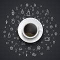 Cup of black coffee stands on a black background with white hand Royalty Free Stock Photo