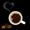 Cup of black coffee with steam and beans on a black background, top view Royalty Free Stock Photo