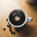 Cup of black coffee in a white ceramic mug is placed on a light Royalty Free Stock Photo